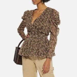 NWOT Walter Baker Rita Floral Wrap Peplum Top Brown Pink Green Size Large